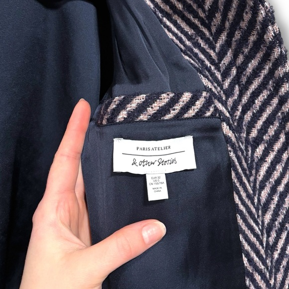 & Other Stories Cropped Wool Blue and Pink Herringbone Bomber Jacket Size 0 - Picture 11 of 13